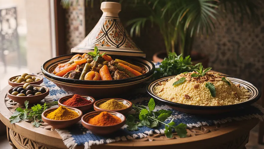 Moroccan cuisine full of aromas: tagine, couscous, and traditional spices