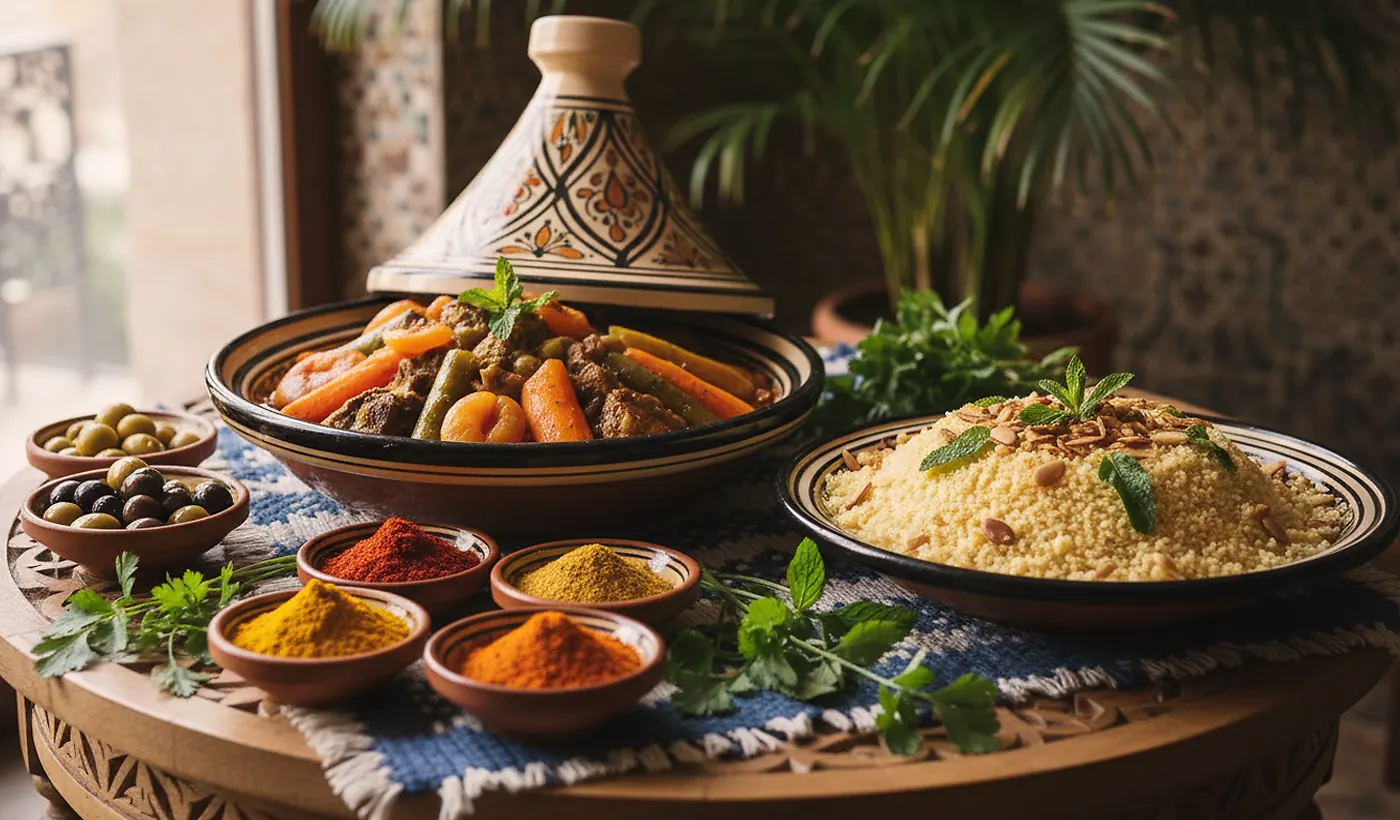 Moroccan cuisine full of aromas: tagine, couscous, and traditional spices