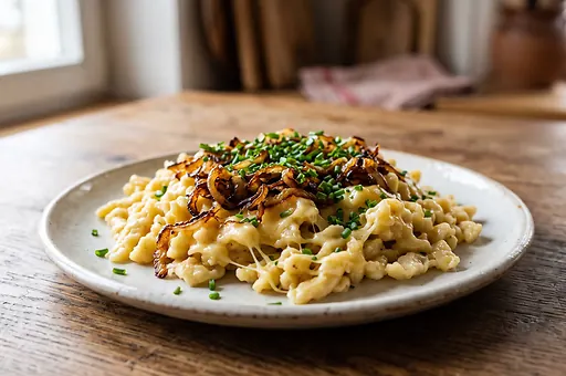 Spätzle z serem i smażoną cebulą
