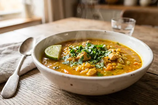 Pikantna zupa mulligatawny z czerwoną soczewicą