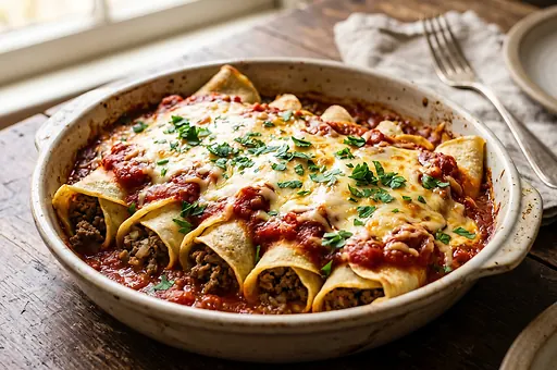 Brazilské slané palačinky panqueca s mletým masem a sýrem