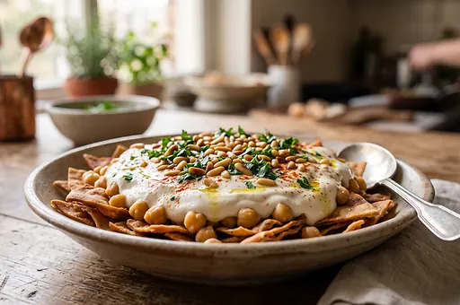 Fatteh z ciecierzycą, tahini i jogurtem