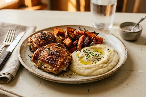 Roasted Chicken Thighs with Sweet Potatoes and Cauliflower Puree