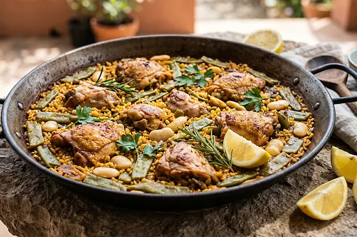 Tradycyjna paella valenciana z kurczakiem i królikiem