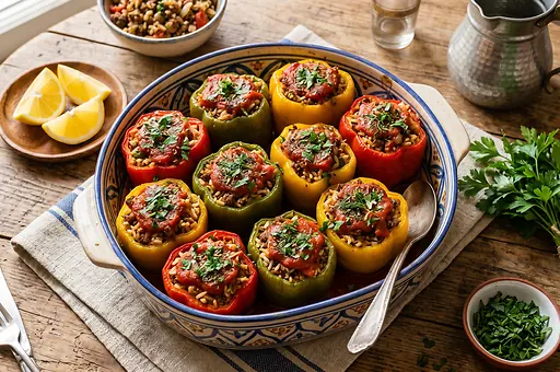 Egyptian mahshi peppers stuffed with rice and ground beef